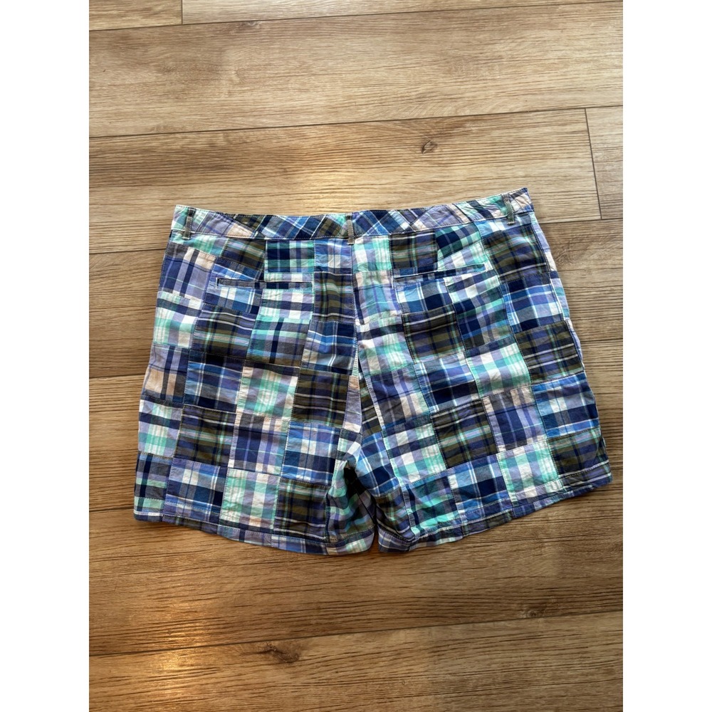 LL Bean Favorite Fit Patchwork Madras Shorts Blue Green Plaid Cotton Womens 20 - Picture 2 of 9